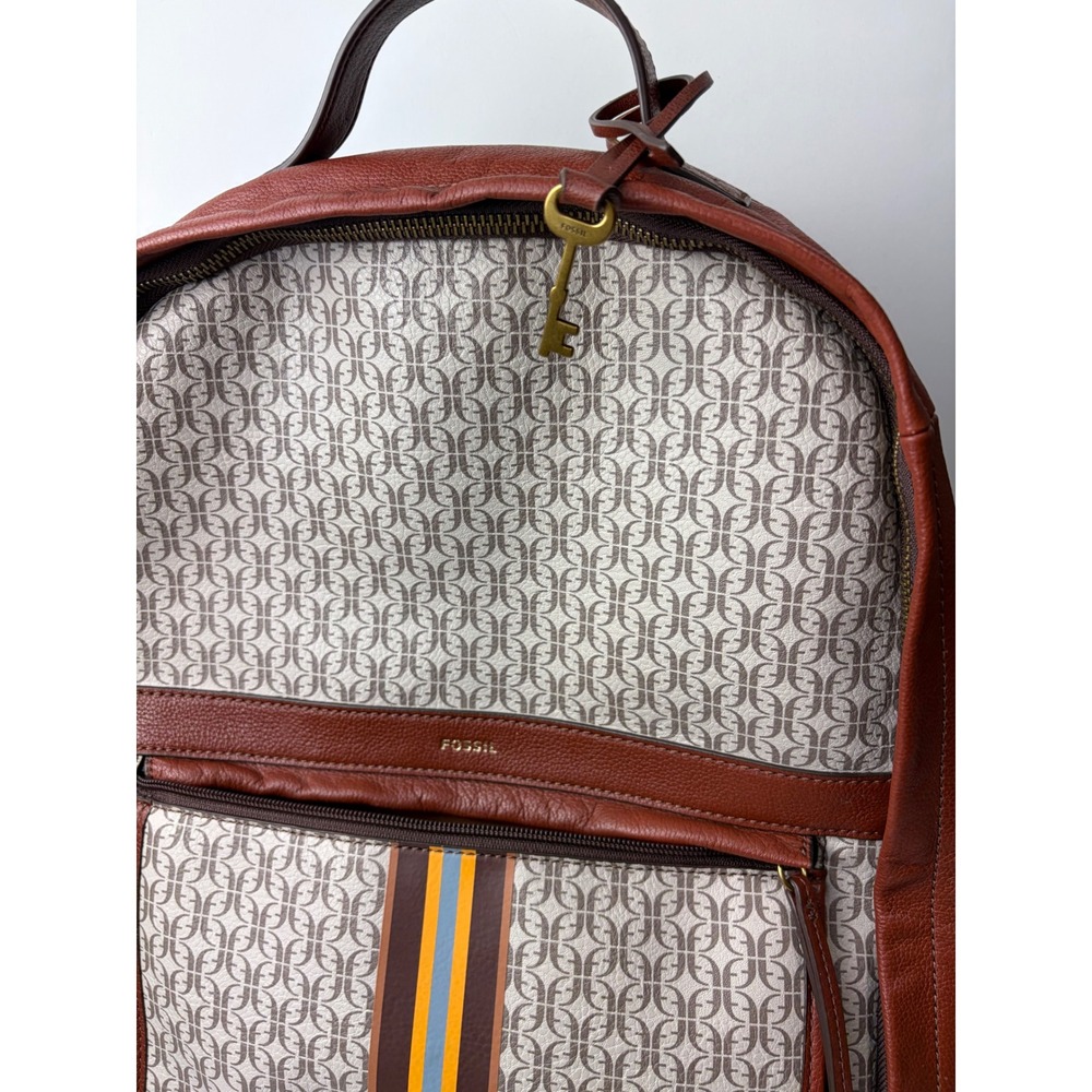 Fossil Tess Laptop Backpack Brown Leather Monogram Stripe Womens - Picture 7 of 10